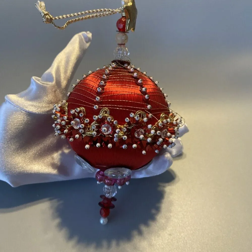 Vintage Christmas Red Gold Beaded Push Pin Ornate Ball Ornament Large Handmade